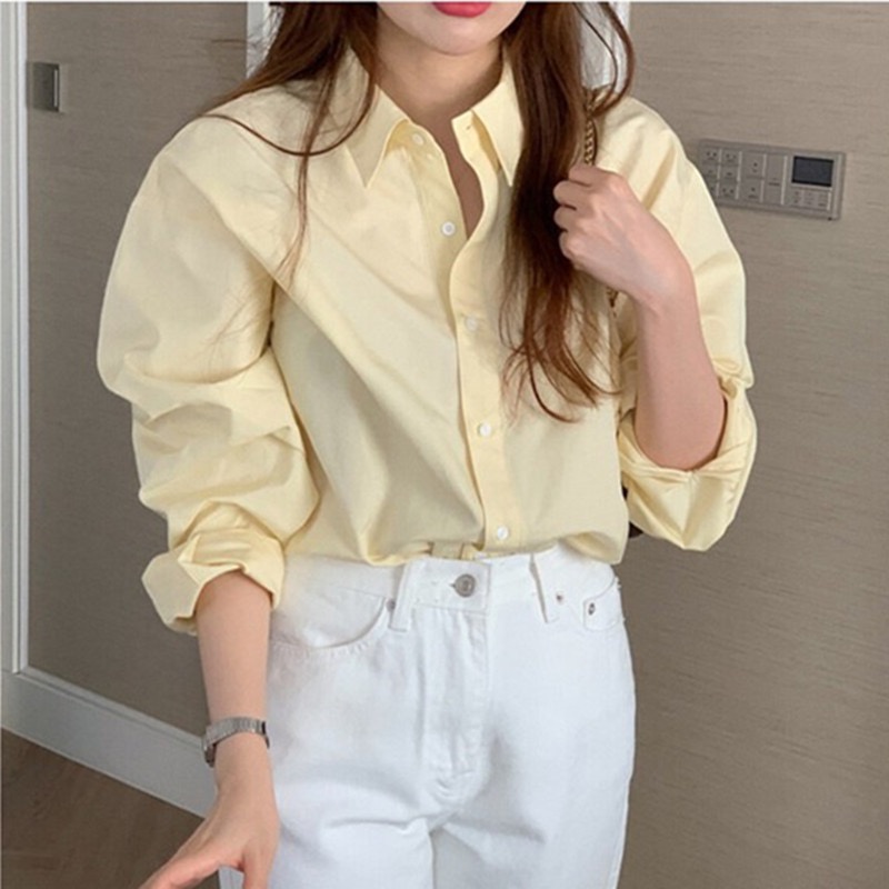 SUXI Áo Sơ Mi Tay Dài Dáng Rộng Màu Sắc Đơn Giản Phong Cách Hàn Quốc Thời Trang Cho Nữ