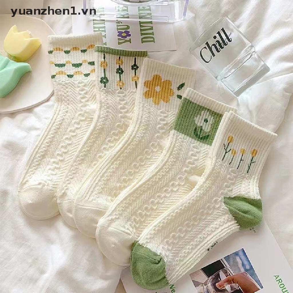 Set 5 Đôi Tất Cotton Thấm Hút Mồ Hôi In Họa Tiết Hoa Nhỏ Xinh