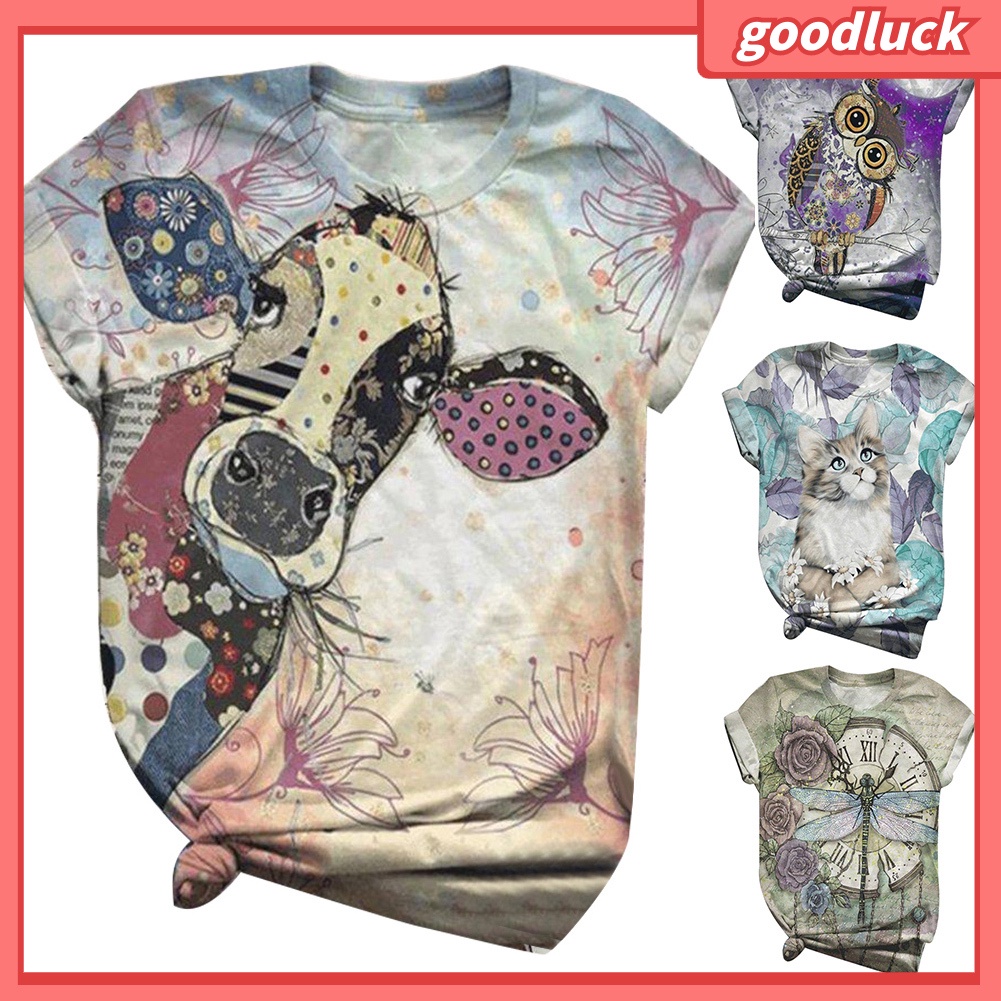 Áo Thun Tay Ngắn Cổ Tròn In Họa Tiết Bò Sữa / Đồng Hồ Hoa Thời Trang Mùa Hè Cho Nữ