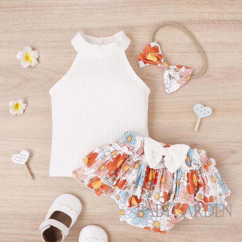 Set Áo Không Tay + Quần Short In Hoa + Băng Đô Cài Tóc Thời Trang Đường Phố Cho Bé Gái 0-18 Tháng Tuổi
