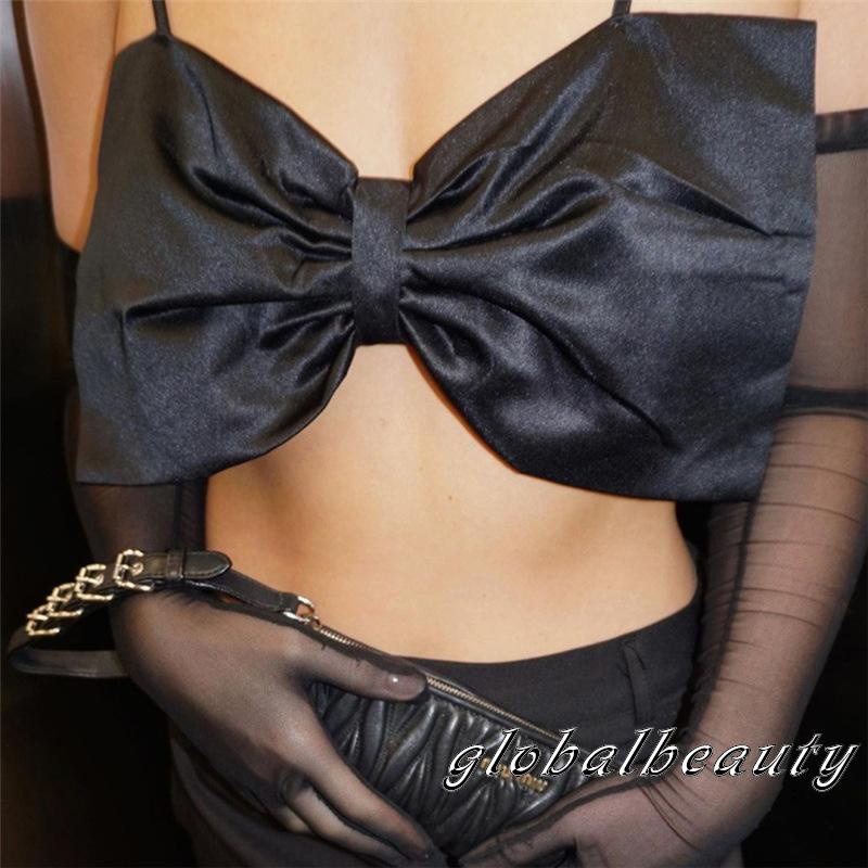 Áo Crop Top Hai Dây Thắt Nơ Trước Ngực Cổ Chữ V Gợi Cảm Kèm Găng Tay