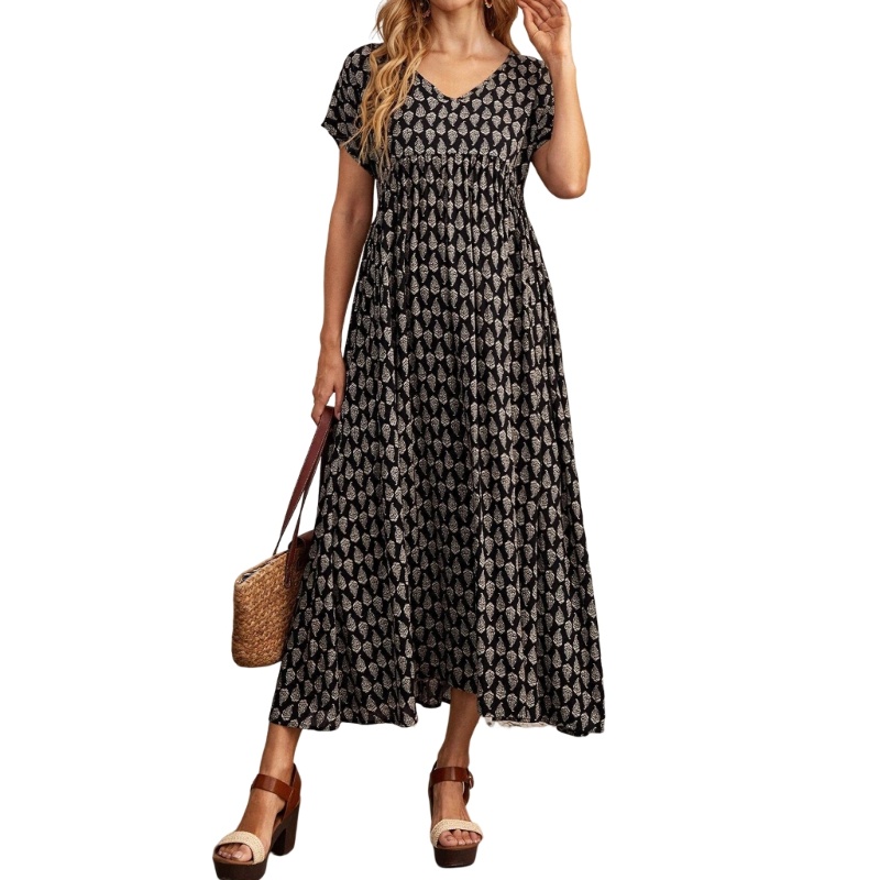 Đầm Tay Ngắn Cổ Chữ V Lưng Cao Họa Tiết Thổ Cẩm Thanh Lịch Cho Nữ