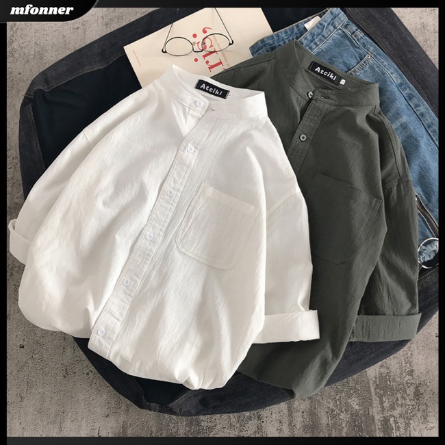 Áo Sơ Mi Cotton Lanh Cổ Đứng Tay Ngắn Dáng Rộng Thời Trang Cho Nam Giới