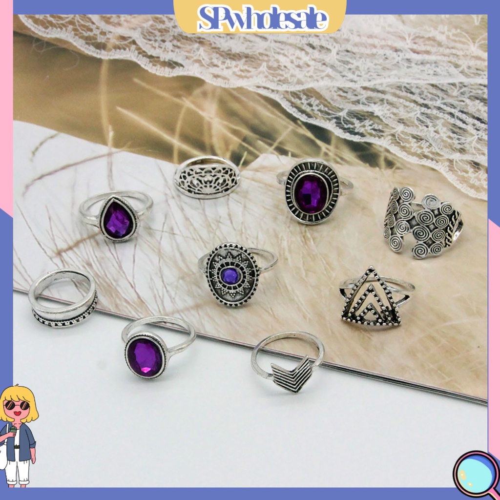 <SPwholesale> Bộ 9 Nhẫn Hợp Kim Đính Đá Tím Nhân Tạo Phong Cách Bohemia