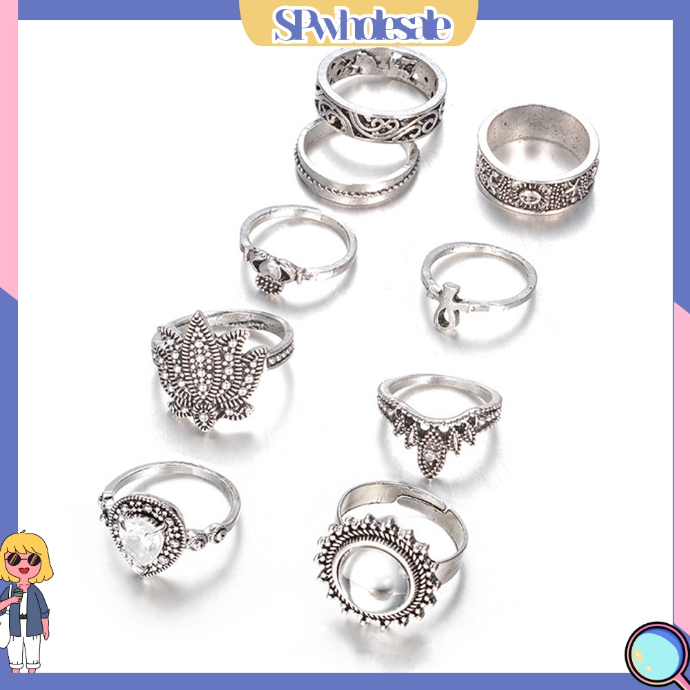 <SPwholesale> Set 9 Nhẫn Đốt Ngón Tay Đính Đá Phong Cách Retro