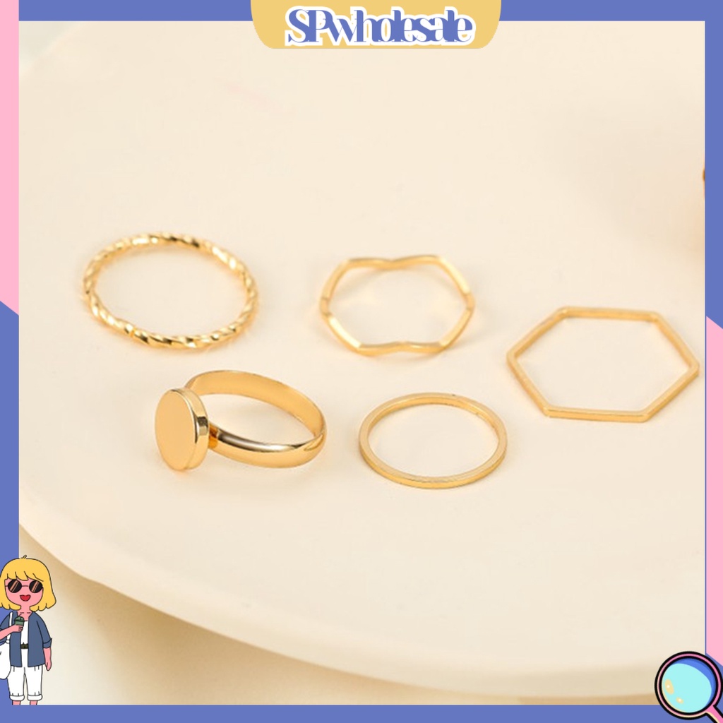 <SPwholesale> Bộ 5 Nhẫn Hợp Kim Mỏng Đính Đá Lấp Lánh Thời Trang Cho Nữ