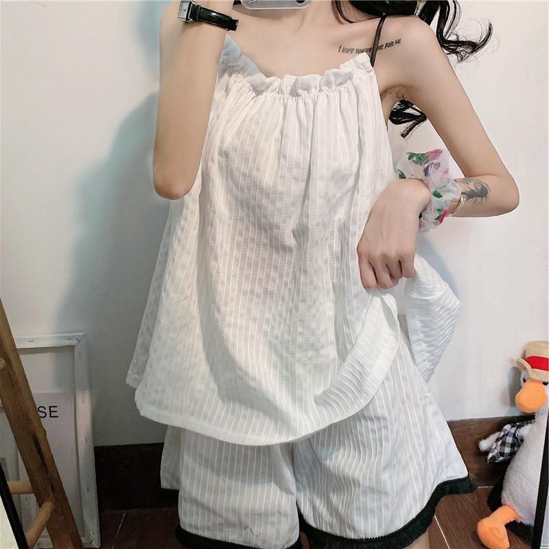 Bộ quần đùi áo hai dây mặc nhà phối viền đen chất thô đũi siêu mát MS1094