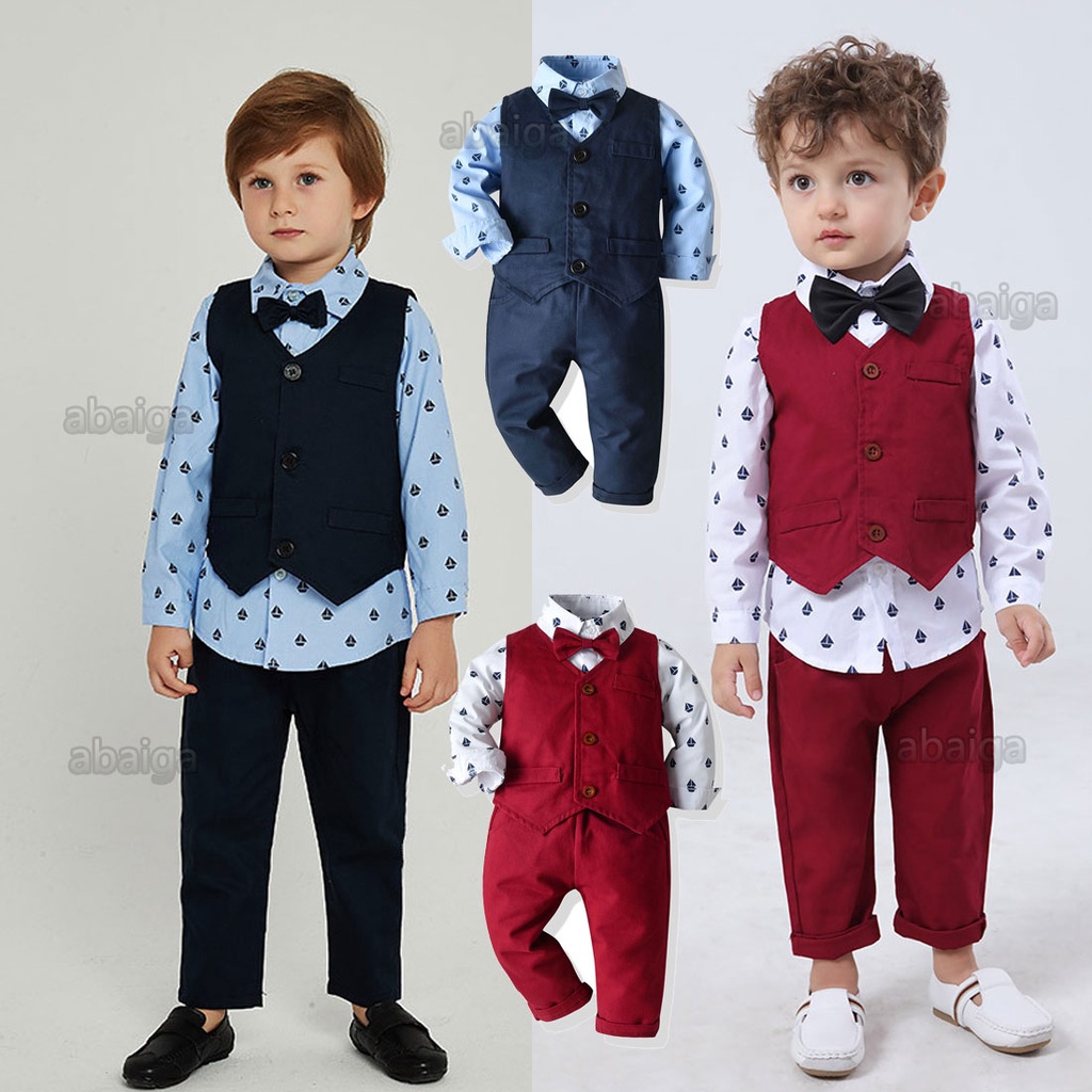 Bộ Áo Sơ Mi Tay Dài + Áo Vest + Quần Terno + Nơ Thời Trang Lịch Lãm Cho Bé Trai / Gái 1 Tuổi