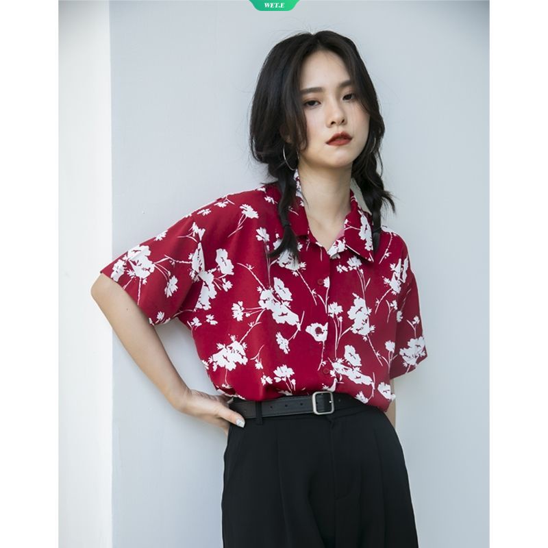 Áo Sơ Mi Chiffon Tay Ngắn Màu Đỏ In Họa Tiết Vintage Thời Trang Mùa Hè 2023 Cho Nữ