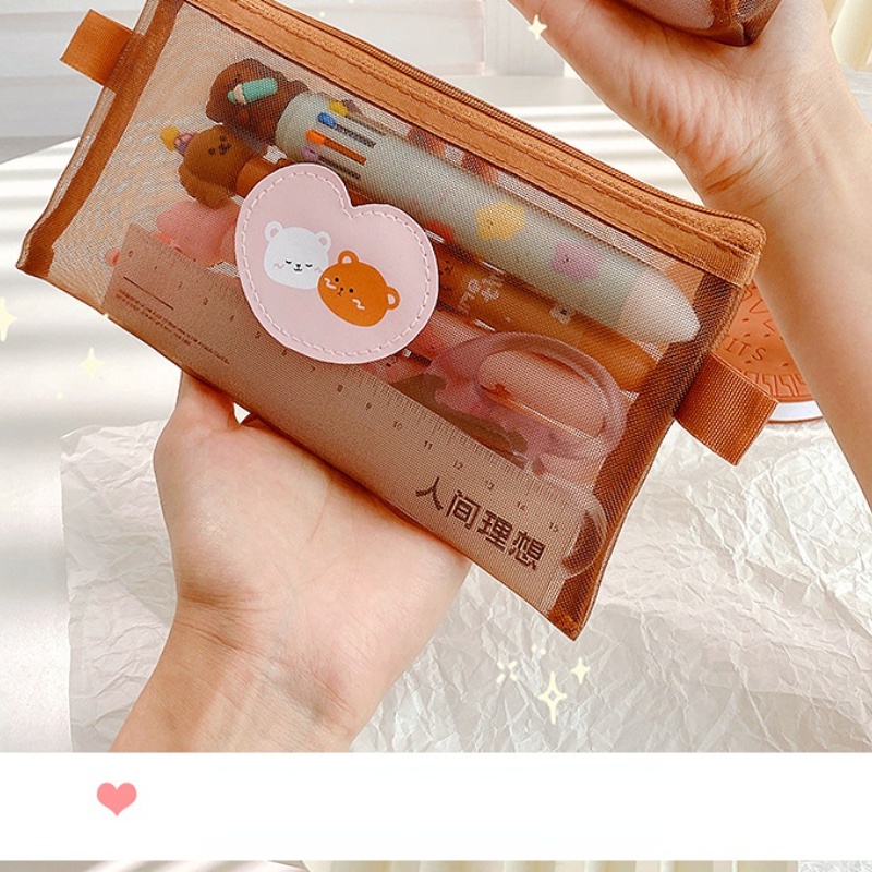 Túi Lưới Đựng Đồ Trang Điểm Họa Tiết Gấu Dễ Thương Phong Cách Nhật Bản