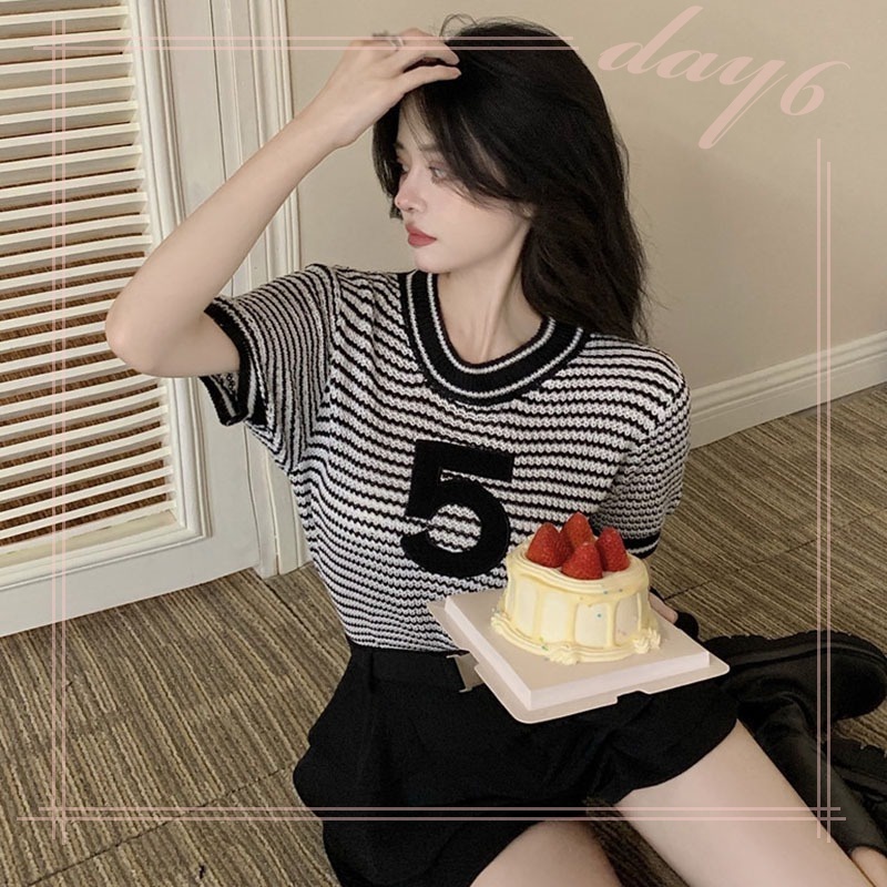 Áo Thun Tay Ngắn Họa Tiết Sọc Ngang Phong Cách Hàn Quốc Dành Cho Nữ