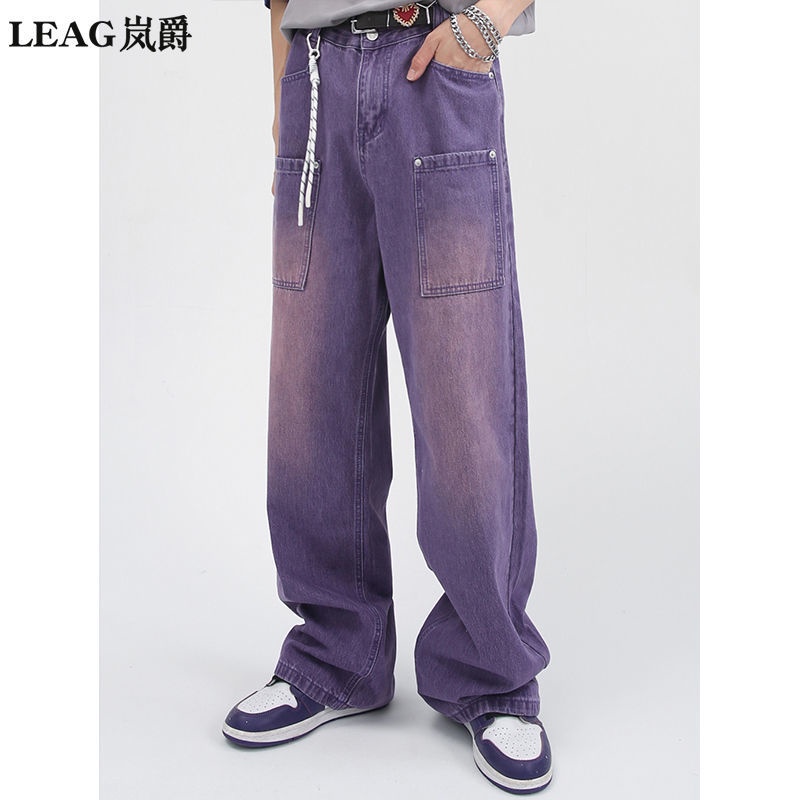 Lanjue Quần Jean Ống Suông Rộng Màu Tím Phiên Bản Hàn Quốc Có Size Lớn Hợp Thời Trang Cho Nam Và Nữ