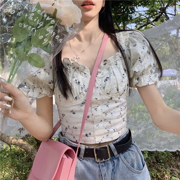 Cozok Áo Sơ Mi Tay Phồng Ngắn Cổ Bẻ In Hoa Dễ Phối Đồ Hợp Thời Trang