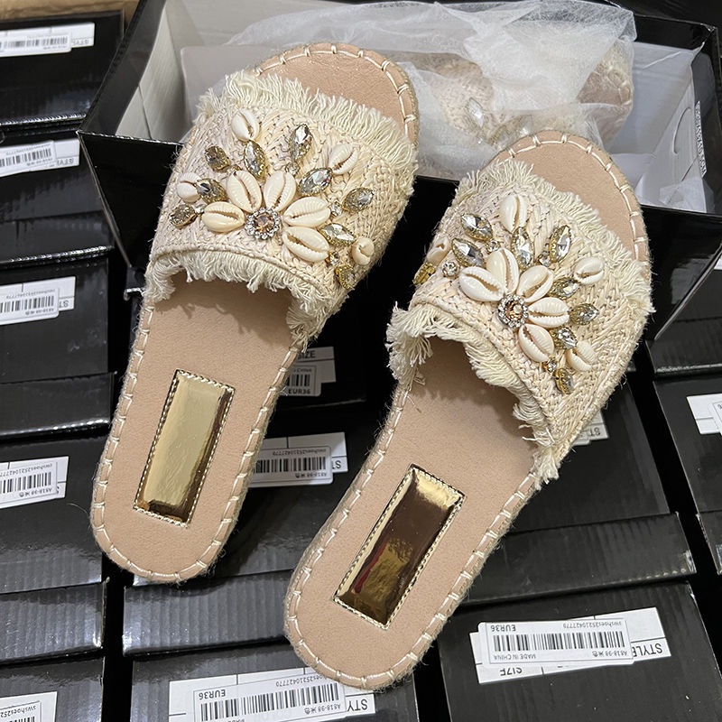 Giày Cói Đi Biển Mùa Hè 2023 Đính Đá Phối Tua Rua Phong Cách Pháp Mới Cho Nữ 0IAW