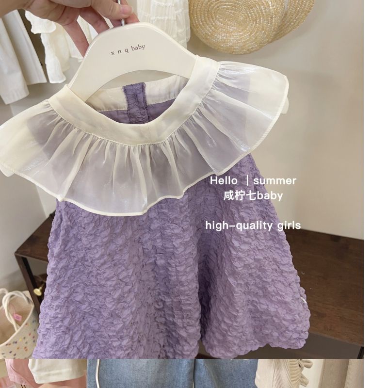 Đầm Công Chúa Màu Tím Cổ Búp Bê Phong Cách Phương Tây Thời Trang Mùa Hè Cho Bé Gái