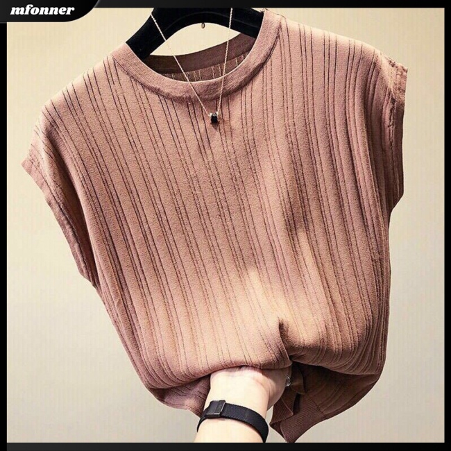 Áo Dệt Kim Tay Ngắn Cổ Tròn Màu Sắc Đơn Giản Cho Nữ Có Size Lớn