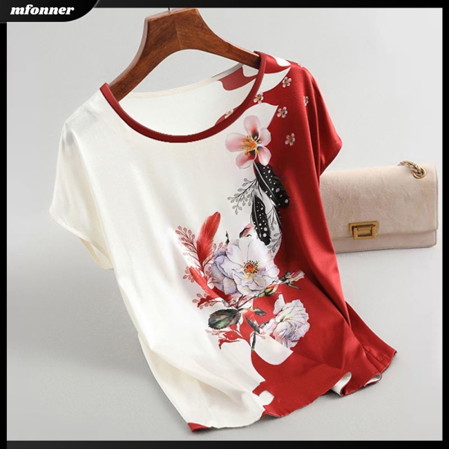 Áo Thun Tay Ngắn Cổ Tròn Vải Lụa Mát In Họa Tiết Thổ Cẩm Thời Trang Mùa Hè Cho Nữ