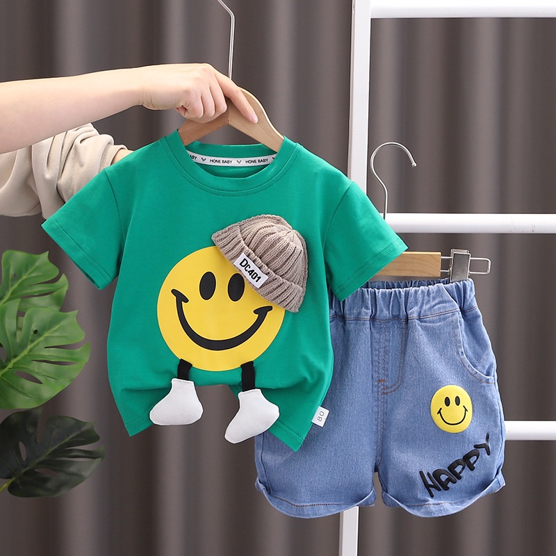 oopsmile Set Đồ Mùa Hè 2 Món Gồm Áo Thun + Quần Ngắn In Họa Tiết Hoạt Hình Cho Bé Trai