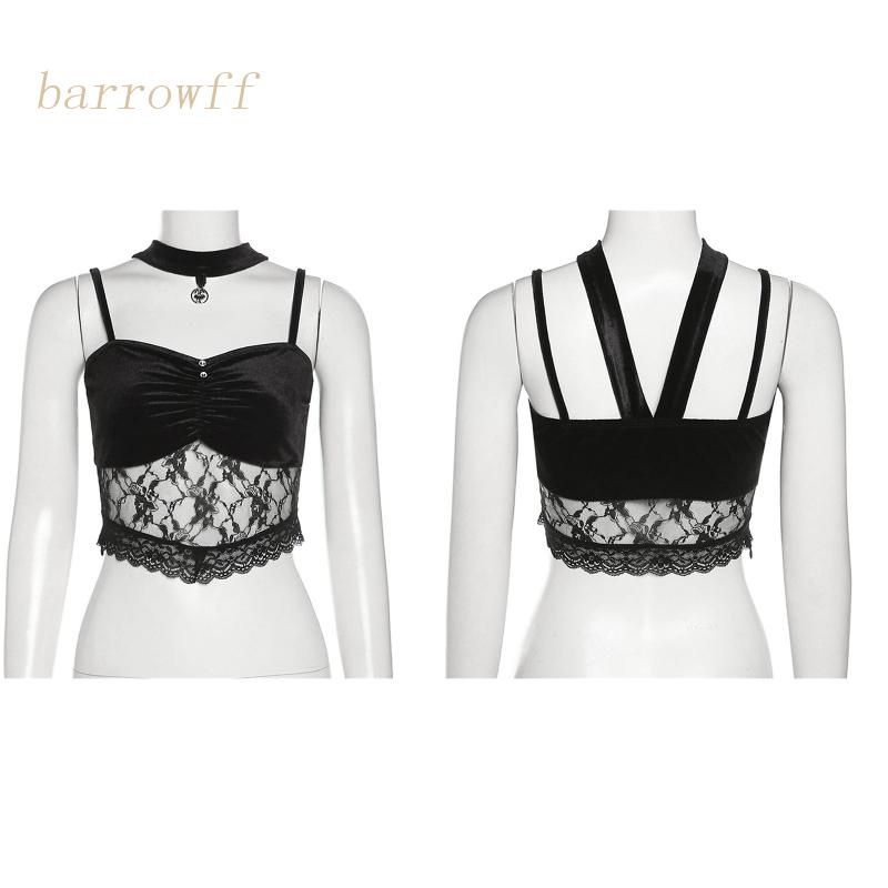 Brroa Áo Crop Top Không Tay Có Vòng Choker Gợi Cảm Bằng Nhung Viền Ren Mỏng Vừa Vặn Phong Cách Gothic Harajuku Quyến Rũ Cho Nữ