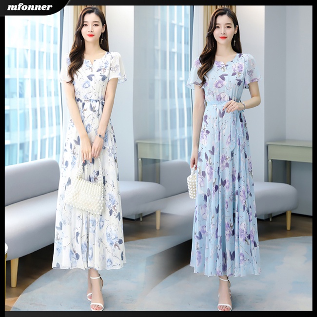 Đầm Tay Ngắn Cổ Tròn In Hoa Thời Trang Mùa Hè Xinh Xắn Cho Nữ