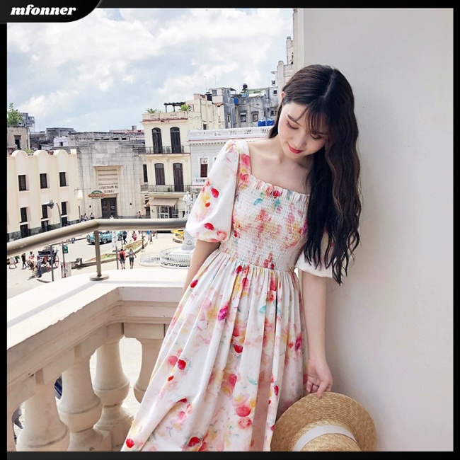 Đầm Midi Dáng Chữ A Tay Phồng Cổ Vuông in Họa Tiết Tranh Sơn Dầu Thời Trang Cho Nữ