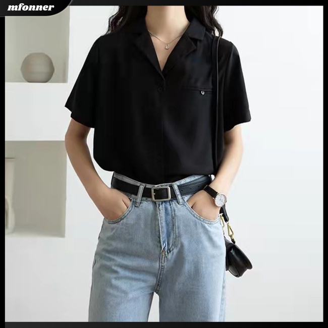 Áo Sơ Mi Chiffon Tay Ngắn Cổ Chữ V Màu Sắc Đơn Giản Thanh Lịch Dành Cho Nữ