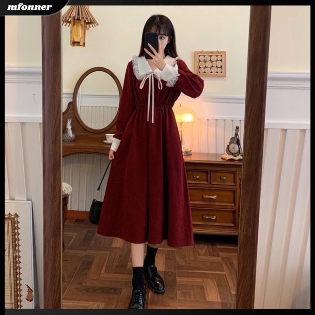 Đầm Tay Dài Cổ Búp Bê Phối Ren Dáng Chữ A Thời Trang Năm Mới Cho Nữ