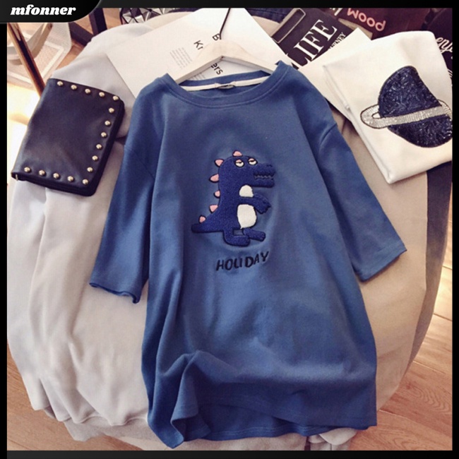 Áo Thun Tay Ngắn Dáng Rộng In Hoạt Hình Khủng Long Đáng Yêu Cho Nữ