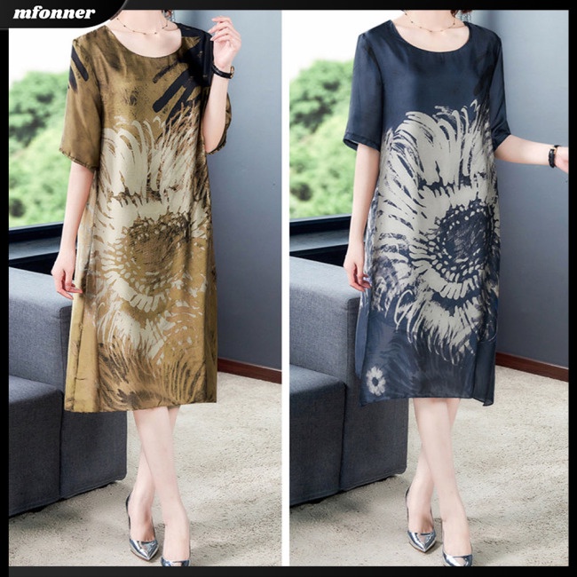 Đầm Midi Tay Ngắn Cổ Tròn Bằng Lụa Lạnh In Họa Tiết Plus Size Cho Nữ