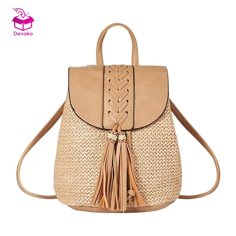 Ba lô dệt Devoko bằng rơm dây rút phong cách boho thời trang mùa hè du lịch bãi biển giản dị sành điệu cho nữ