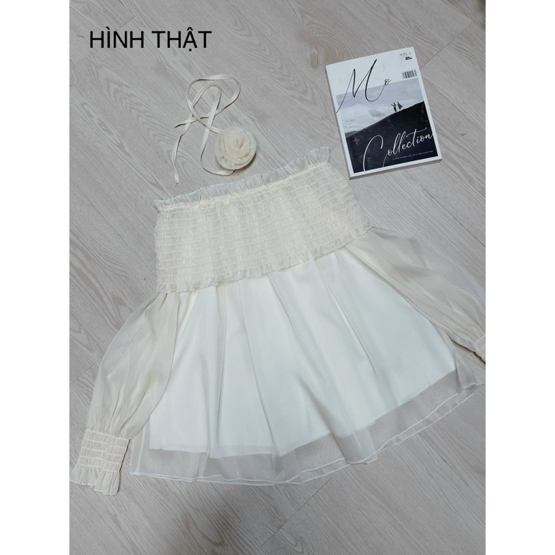 Áo voan tơ dài nhún trễ vai tay dài có tặng kèm chocker hoa như hình alohashop91