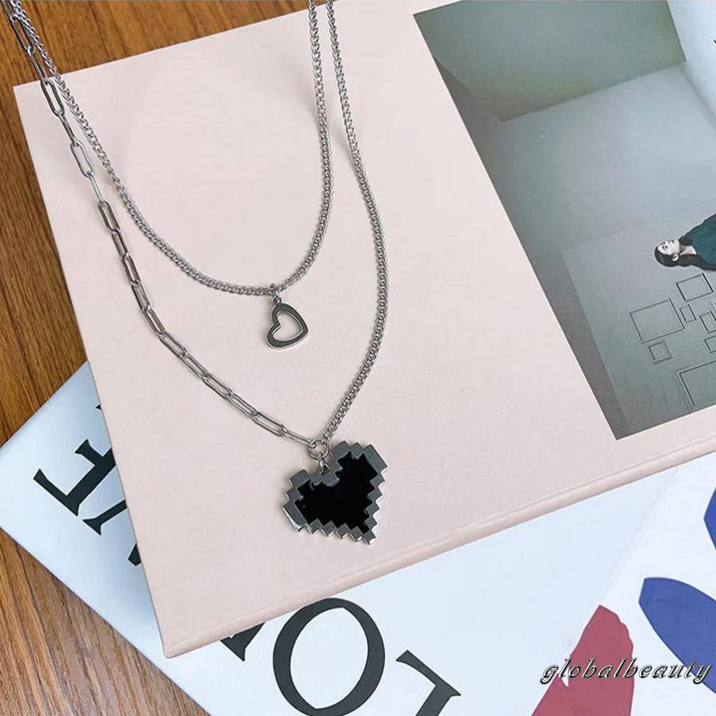 Dây Chuyền Hai Lớp Mặt Trái Tim Màu Đen Phong Cách Hip Hop Thời Trang Cho Nữ