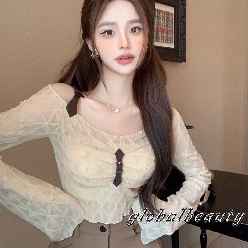 Áo Croptop Mỏng Tay Dài Hở Vai Có Dây Khóa Trước Thời Trang Cho Nữ