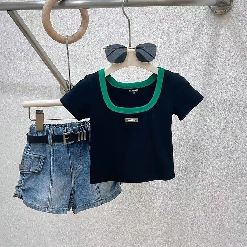 Hàng Mới Về Set Áo Thun Ngắn Tay Và Quần Short Denim Thời Trang Hàn Quốc Cho Bé Gái
