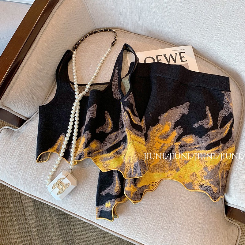 Set Áo Váy Hai Dây Dệt Kim Màu Sắc Tương Phản Phong Cách Retro Thời Trang Mùa Hè 2023 Dành Cho Bạn Nữ