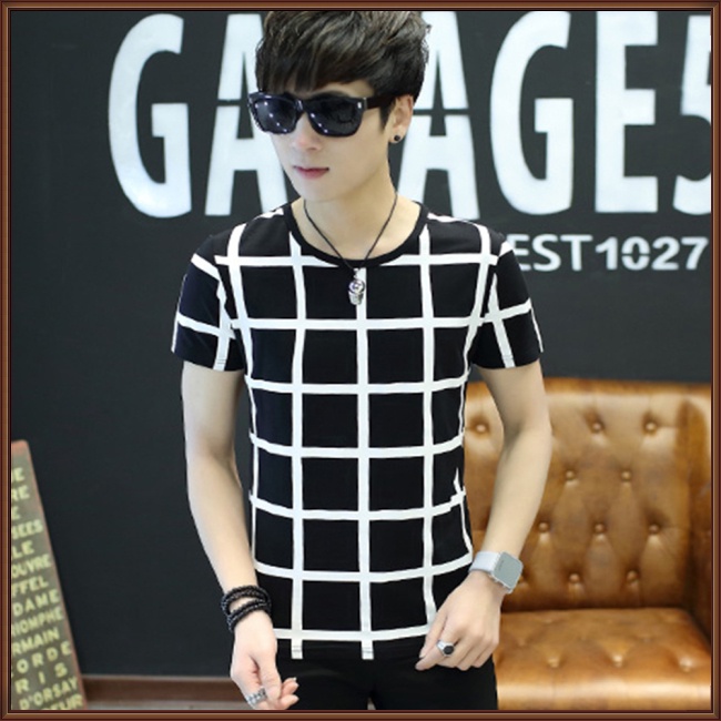 Áo Thun Tay Ngắn Cổ Tròn Họa Tiết Sọc Caro Thời Trang Cho Nam