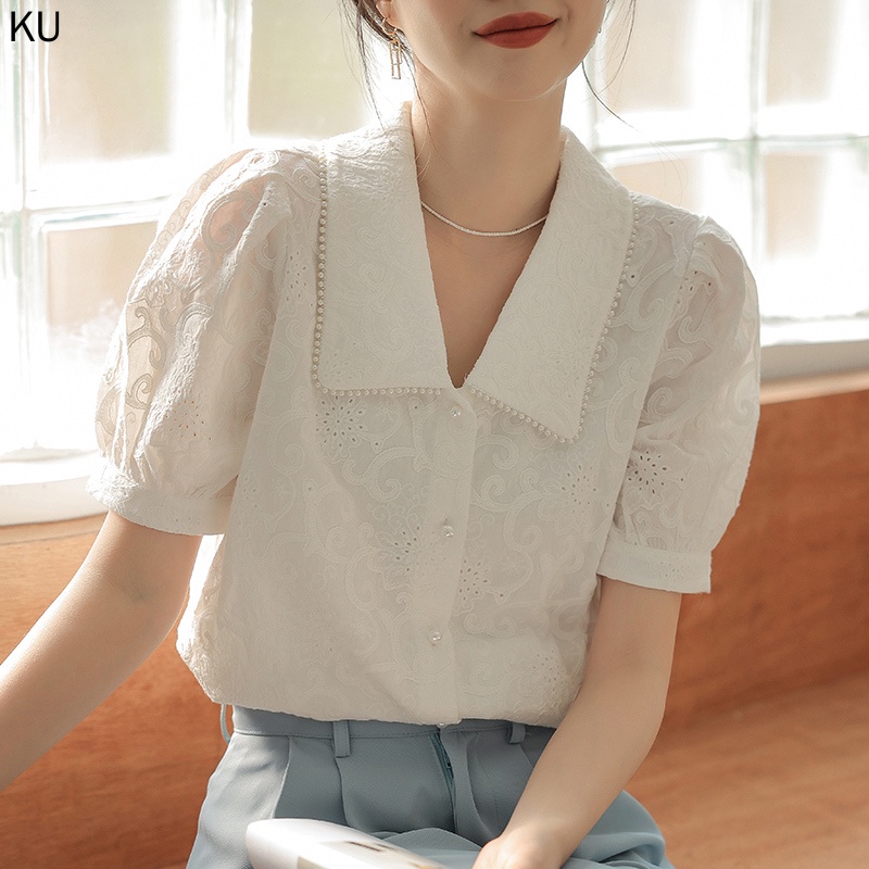 Áo Sơ Mi Chiffon Mỏng Tay Ngắn Phồng Cổ Bẻ Phối Ren Đính Ngọc Trai Phong Cách Pháp Thời Trang Mới 2023