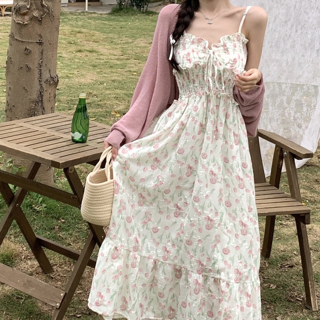Set Đầm Hai Dây Họa Tiết Hoa Và Áo Khoác Cardigan Thời Trang Xuân Thu Cho Nữ