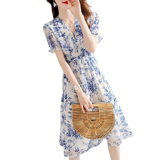 Đầm voan hoa cổ chữ v dáng ôm thời trang mùa hè thanh lịch mới