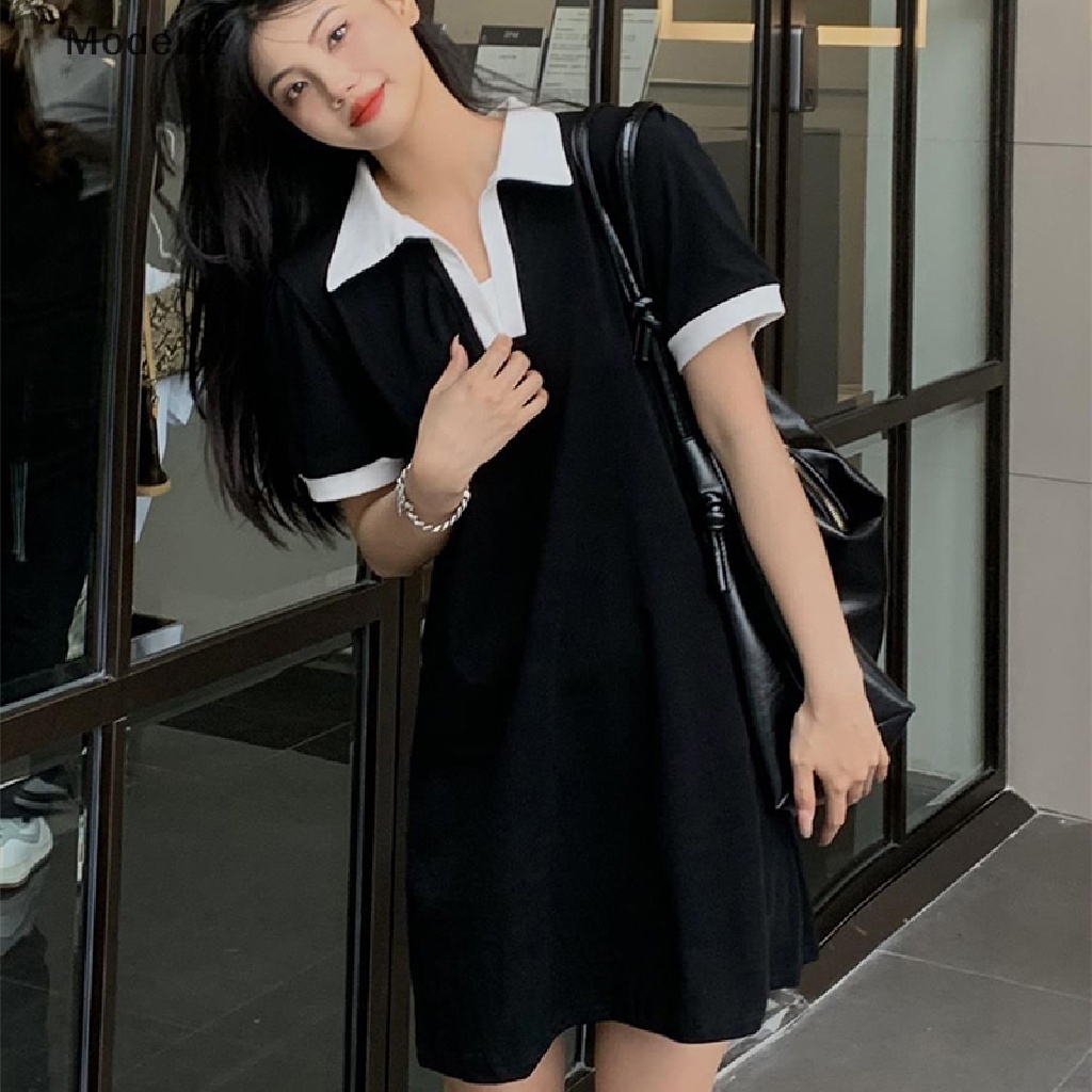 Mfc Đầm Mini Tay Ngắn Cổ Bẻ Màu Tương Phản Thời Trang Dành Cho Nữ