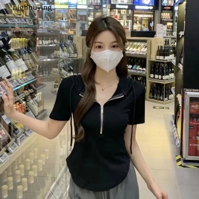 Áo Thun Tay Ngắn Có Khóa Kéo Màu Sắc Thời Trang Cho Nữ