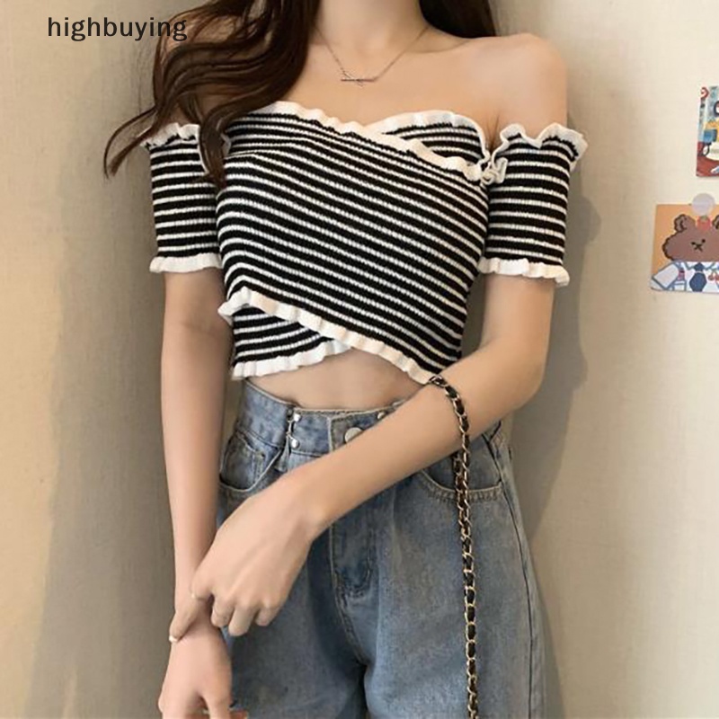 Áo Croptop Dệt Kim Trễ Vai Tay Ngắn Thời Trang Mùa Hè Cho Nữ