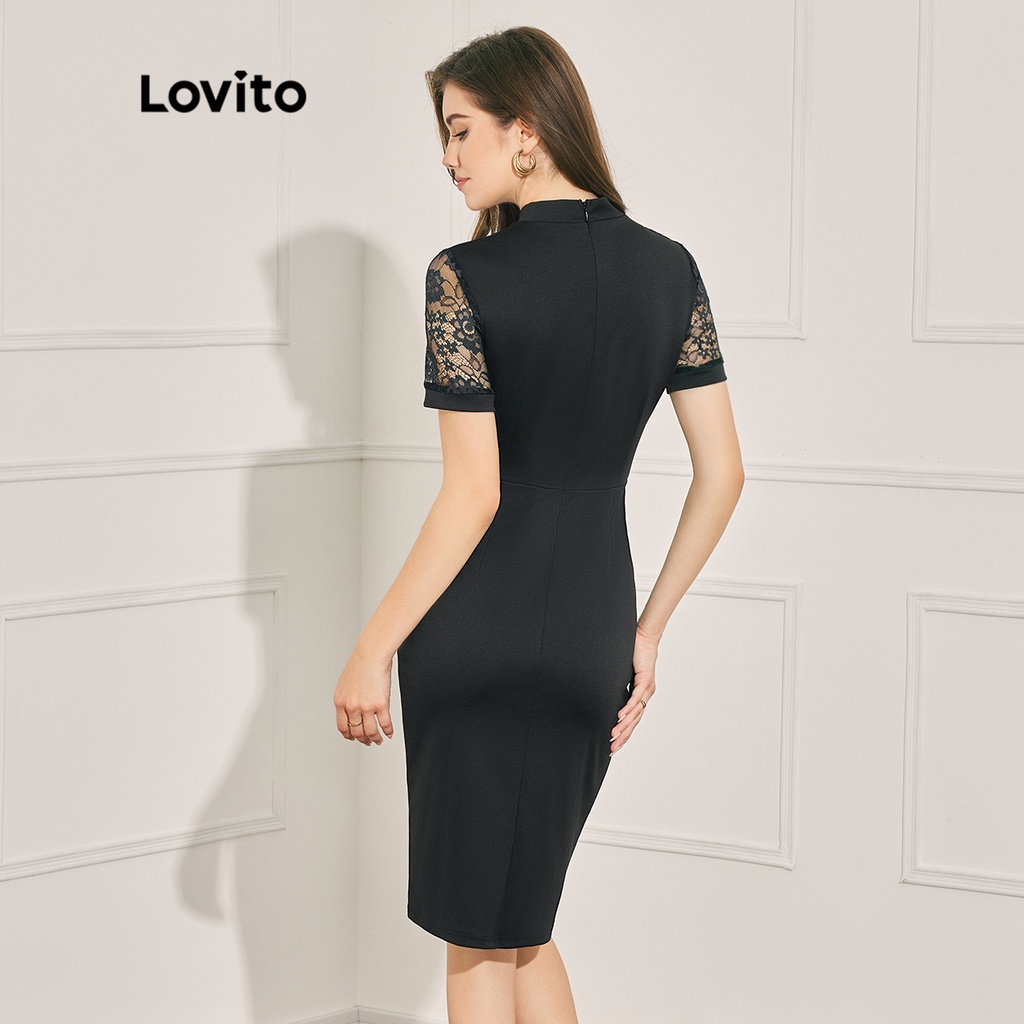 Đầm Lovito thắt dây xuyên thấu màu trơn cổ tương phản co giãn tốt sexy dành cho nữ L39LD047 (đen)
