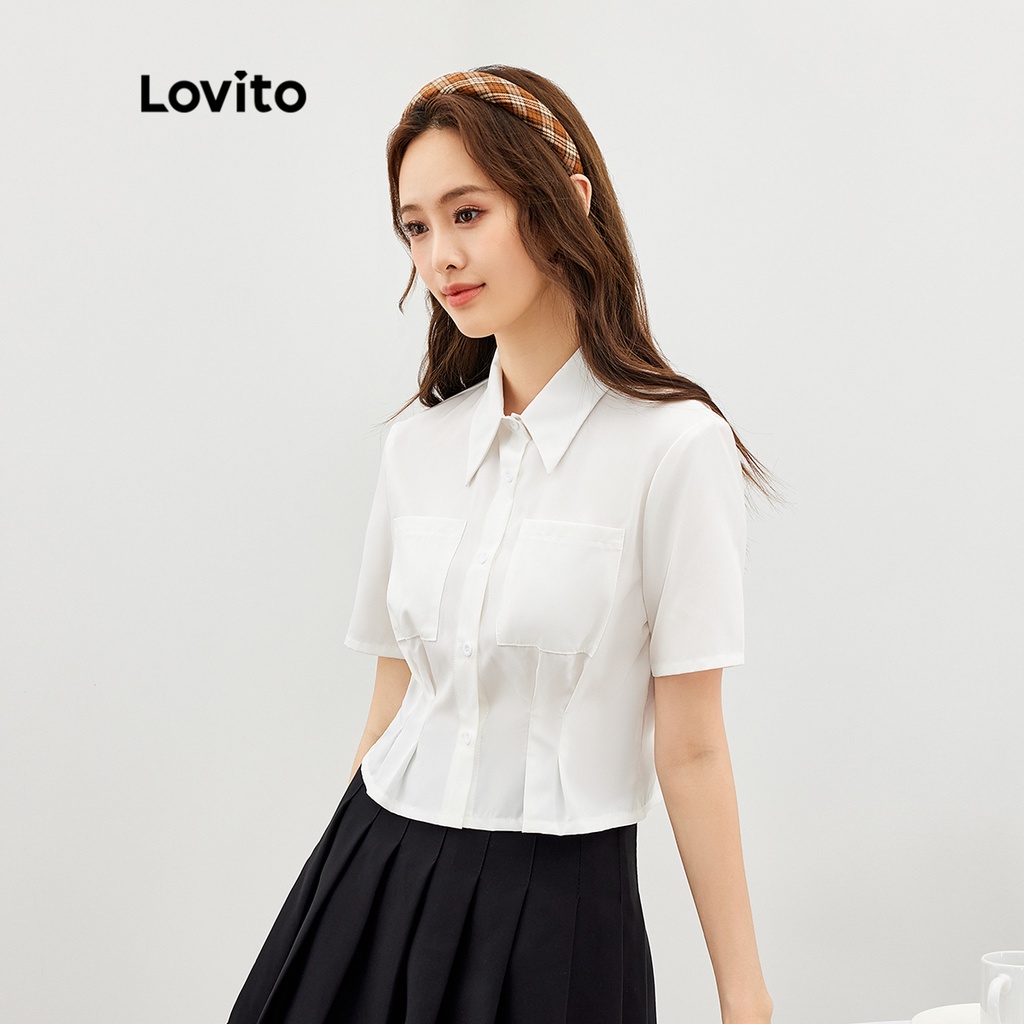 Lovito Casual Trơn️ Áo Sơ Mi Nữ Cổ Crop Xếp Ly L35ED062 (Trắng)