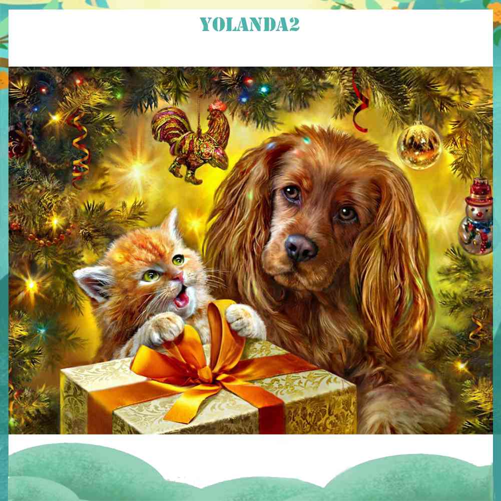 Tranh Đính Đá Kim Cương Toàn Bộ 5D DIY Hình Chó Mèo Giáng Sinh