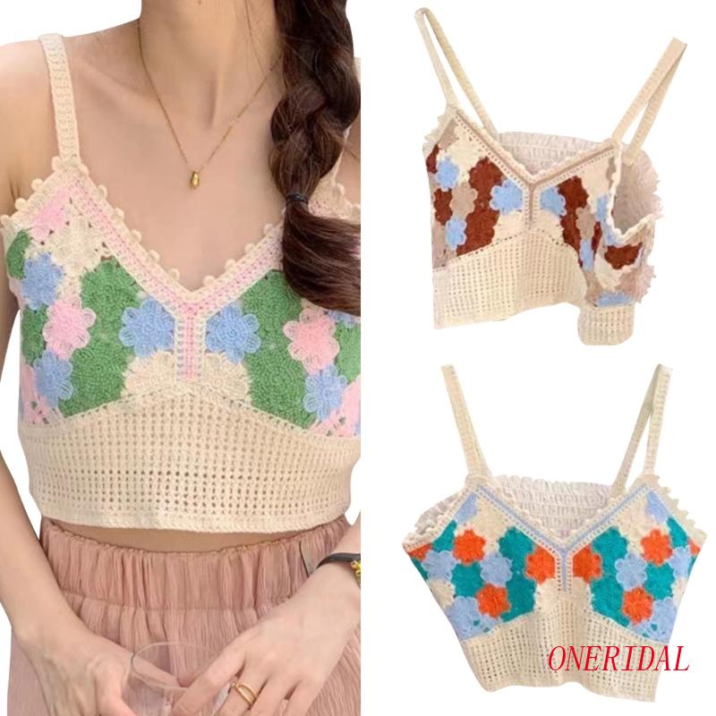 Áo Croptop Dệt Kim Hai Dây Cổ Chữ V Thêu Hoa Thời Trang Mùa Hè Dành Cho Nữ