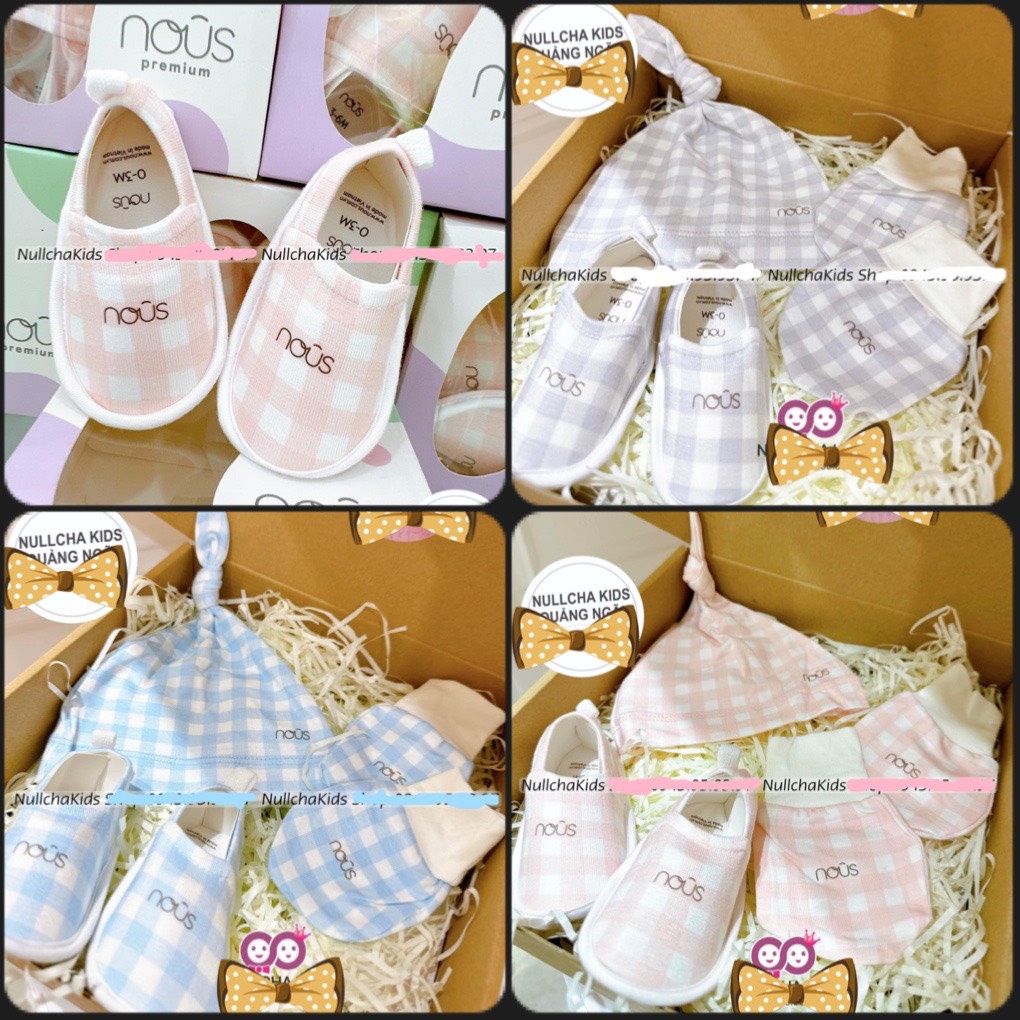 Set phụ kiện mũ và bao tay Nous cho bé sơ sinh kẻ nhiều màu sắc, chất liệu Nu Petit mềm mại cho bé