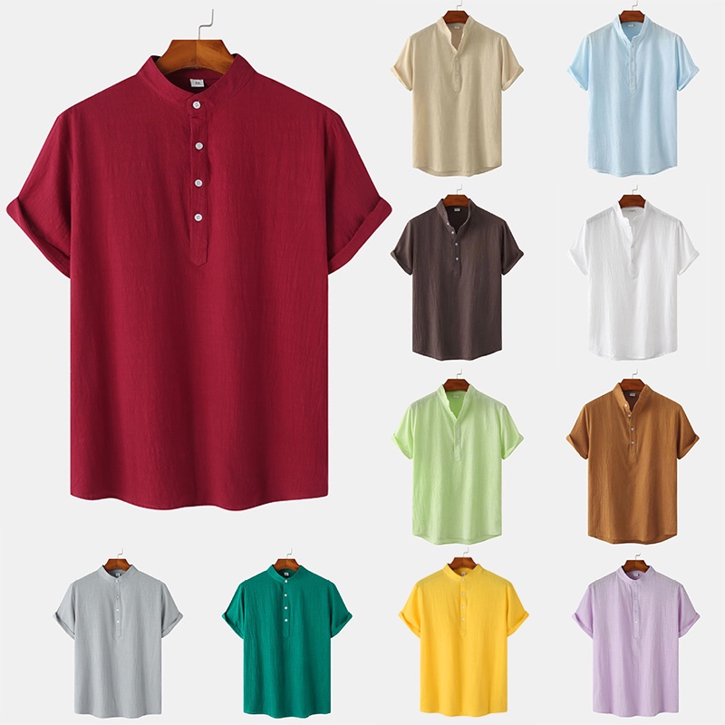 Áo Thun Polo Cotton Lanh Cổ Đứng Tay Ngắn Dáng Rộng Màu Nâu / Kaki / Xanh Nhạt / Xanh Lá / Cà Phê / Trắng / Đen Cho Nam