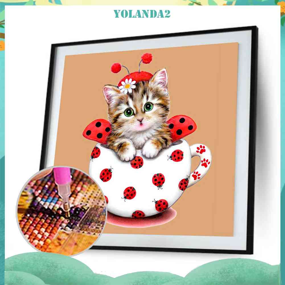 Bộ Tranh Đính Đá 5D Tự Làm Hình Mèo Đeo Cốc Đáng Yêu