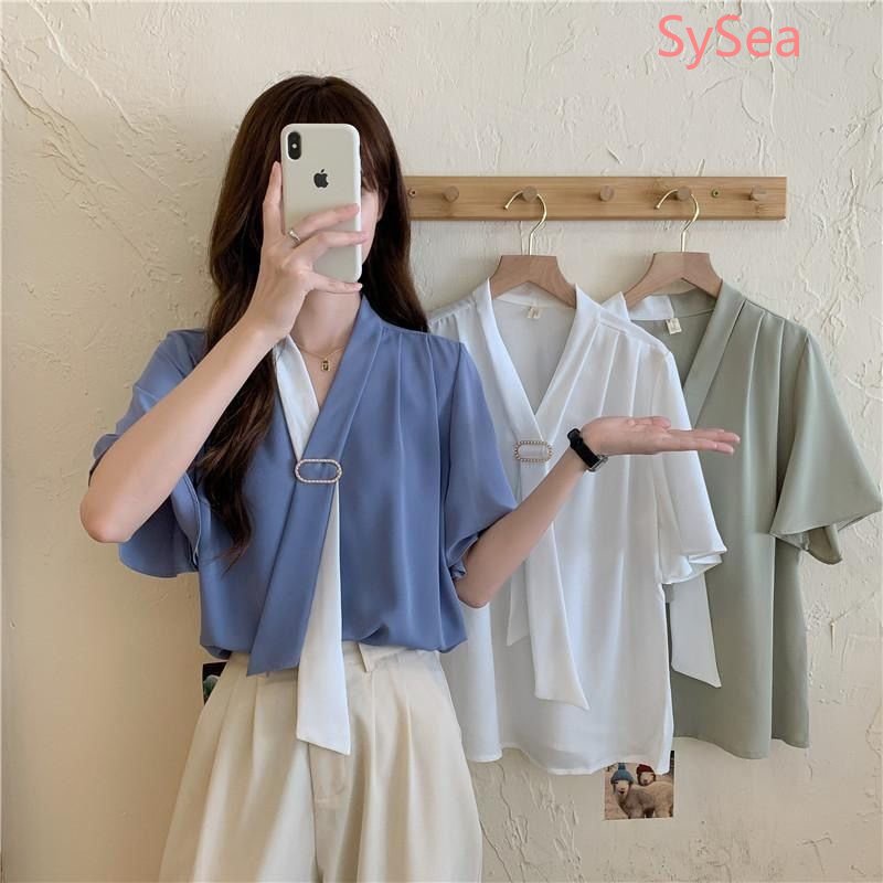 Áo Sơ Mi Ngắn Tay Cổ Chữ V Dáng Rộng Thanh Lịch Dành Cho Nữ